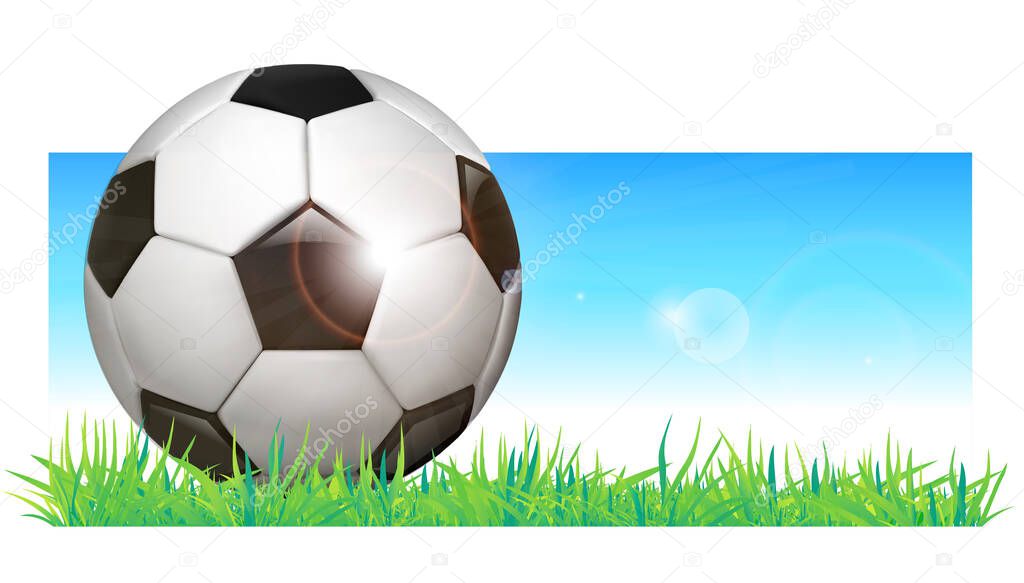 Football ball. Soccer ball. Vector illustration isolated on background with grass and sky