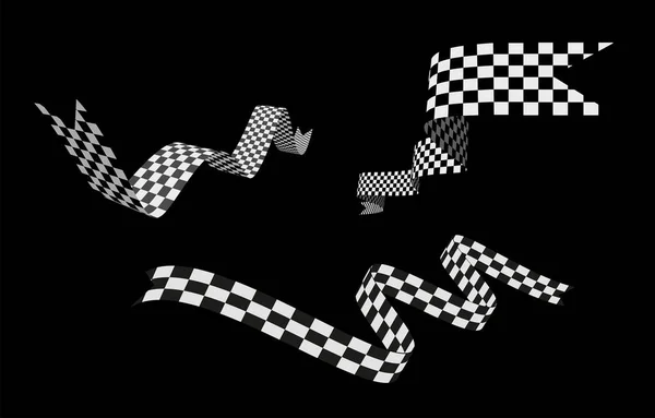 Checkered Racing Flag Ribbon Vector Set Illustration Black Background — Stock Vector