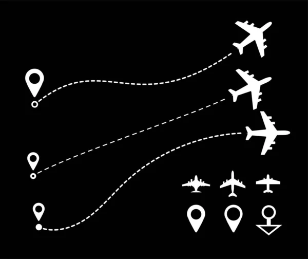 飞机航线航路图标集 关于黑色背景的矢量说明 — 图库矢量图片