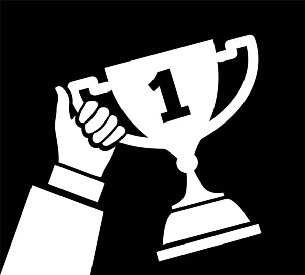 優勝者の手に渡るアワードカップ 黒の背景のベクトルイラスト — ストックベクタ