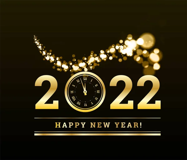 2022年新年快乐 金光闪闪 时钟为零 黑色背景上的金色插图 — 图库照片