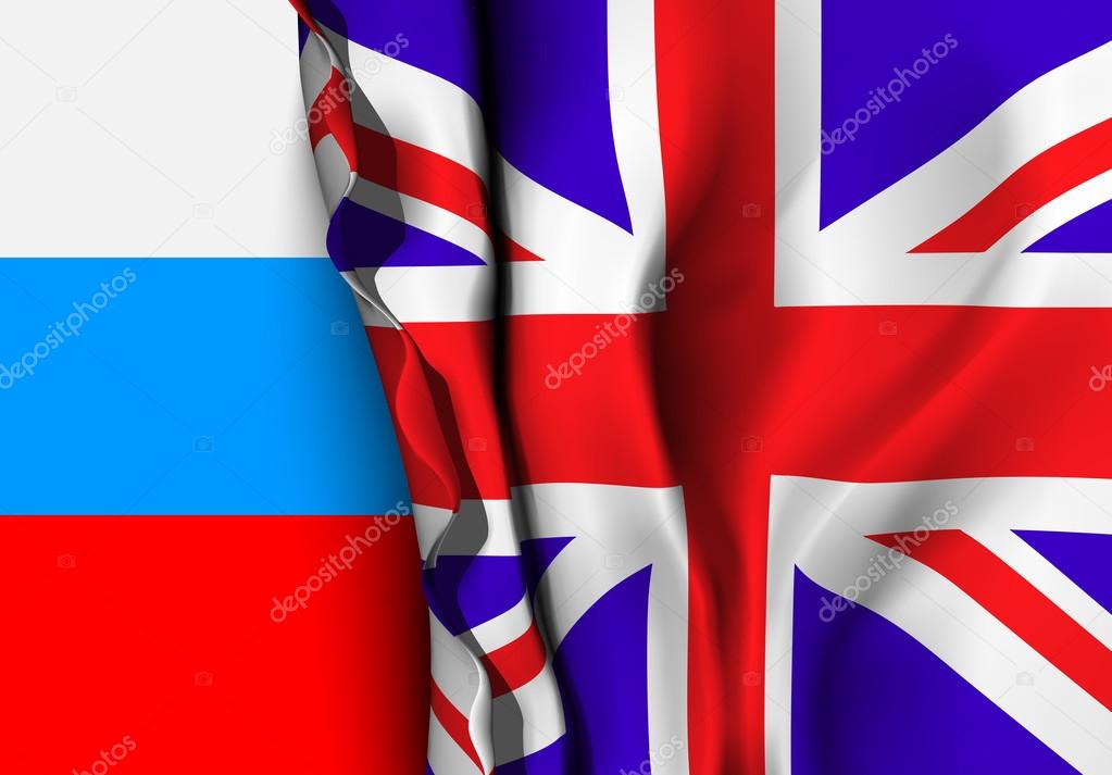 Flag of United Kingdom over the Russia flag. 