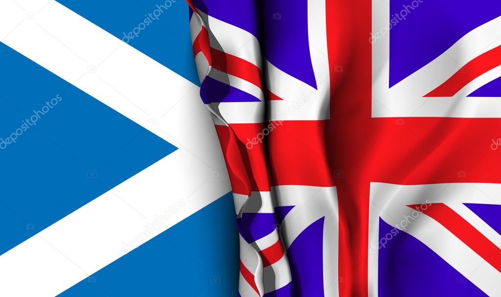 Flag of United Kingdom over the Scotland flag. 