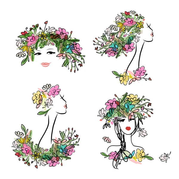 Visage féminin avec coiffure florale pour votre design — Image vectorielle