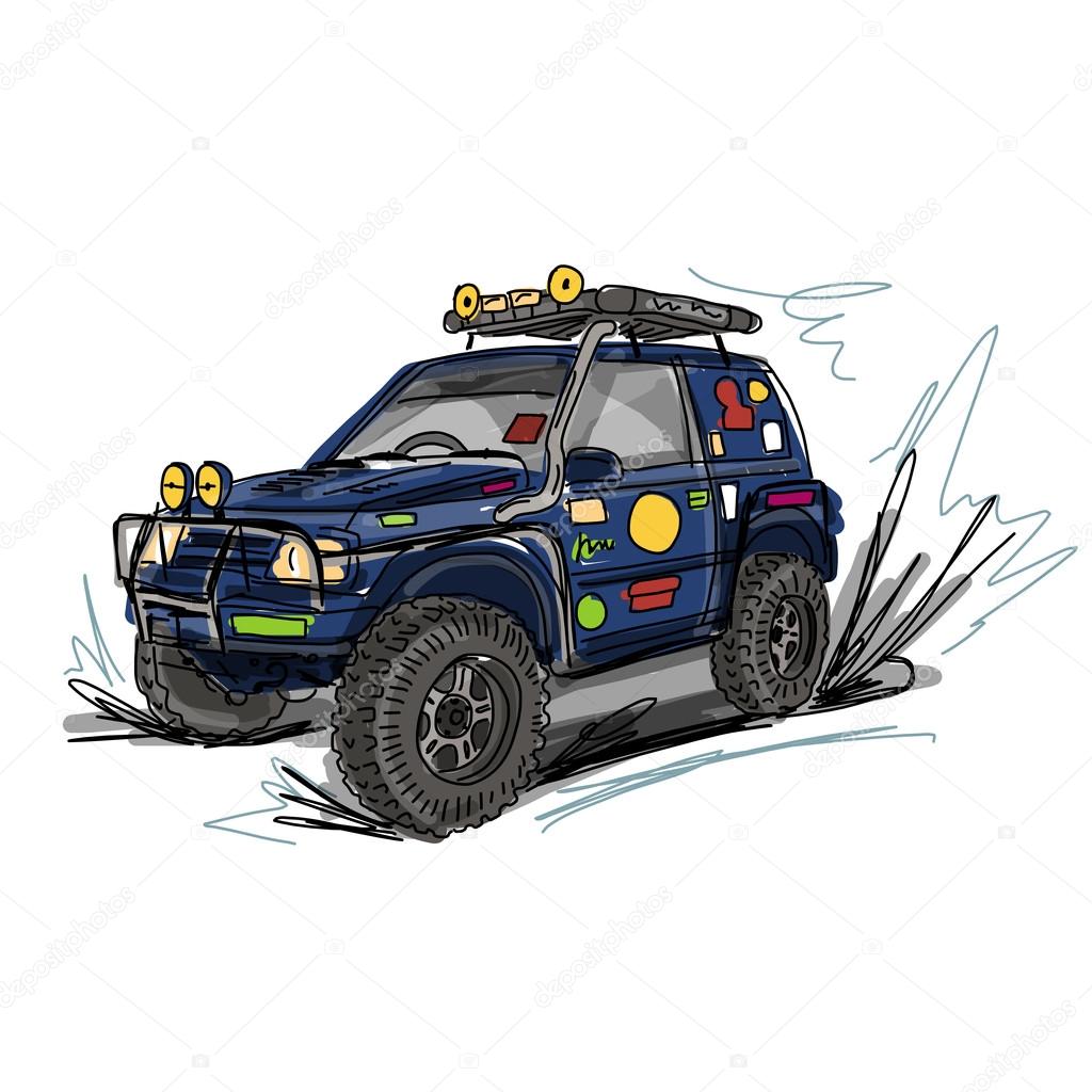 Tuned jeep, sketch for your design. Vector illustration