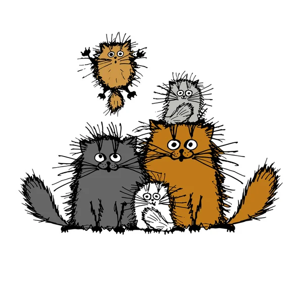 Familia de gatos esponjosos, boceto para su diseño — Archivo Imágenes Vectoriales