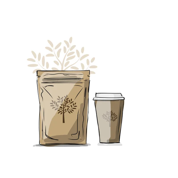 Embalaje de la bolsa y llevar taza de café — Vector de stock