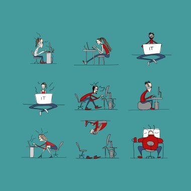 İş yerindeki programcılar, ofis hayatı, tasarımınız için çizimler