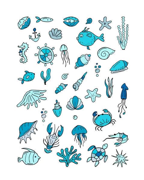 Kehidupan laut, koleksi sketsa untuk desain Anda - Stok Vektor