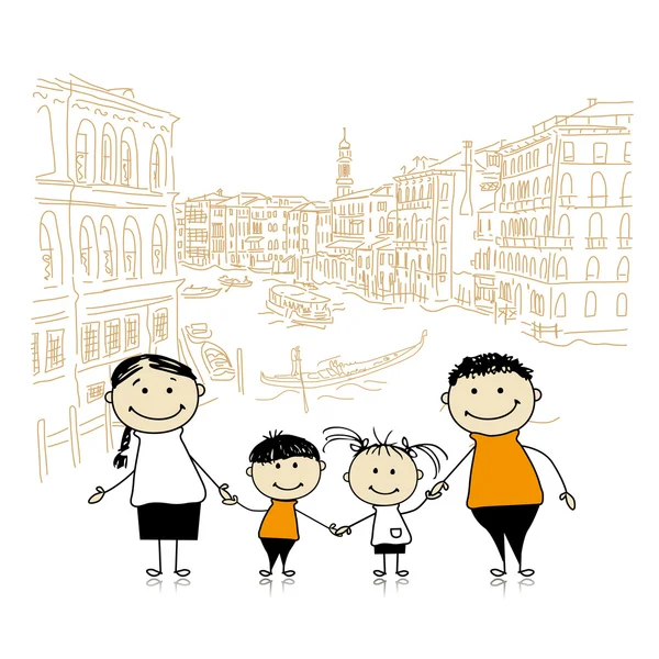 Happy family traveling in Venice. Sketch for your design — Stock Vector