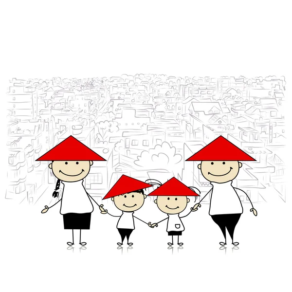 Happy family traveling in Asia. Sketch for your design — Stock Vector