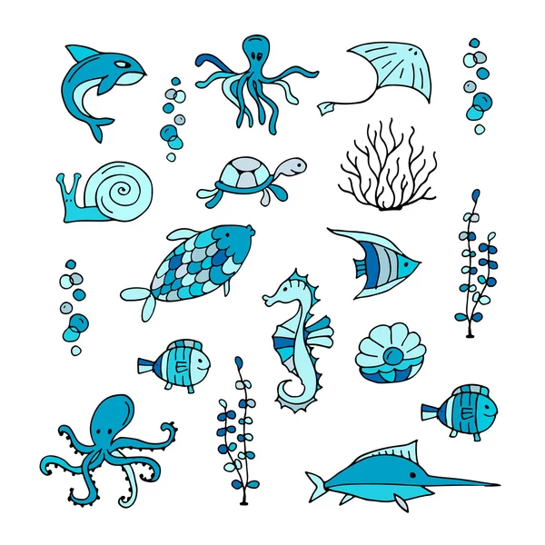 Kehidupan laut, koleksi sketsa untuk desain Anda - Stok Vektor
