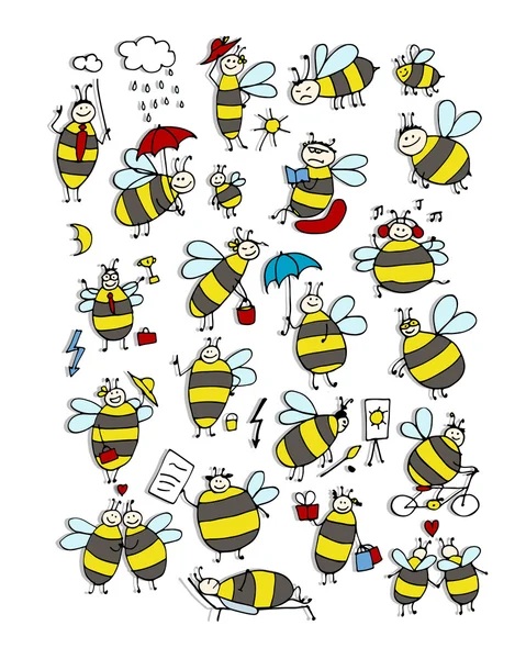 Colección de abejas divertidas, boceto para su diseño — Archivo Imágenes Vectoriales