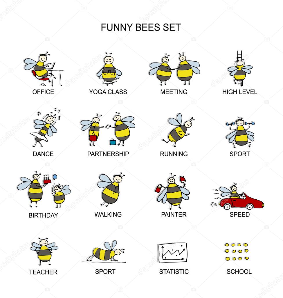 Funny bee collection, sketch for your design. Vector illustration