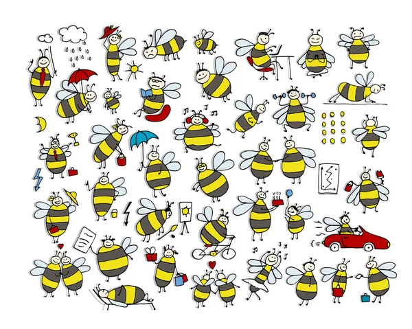 面白い蜂コレクション、あなたの設計のためのスケッチ — ストックベクタ