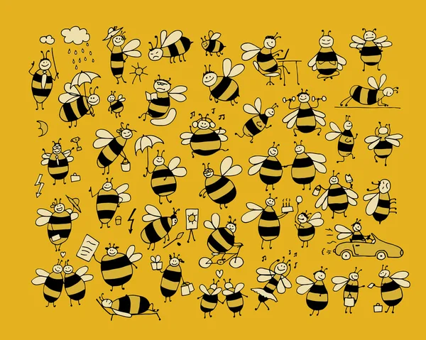 Συλλογή αστείες μέλισσα, σκίτσο για το σχέδιό σας — Διανυσματικό Αρχείο
