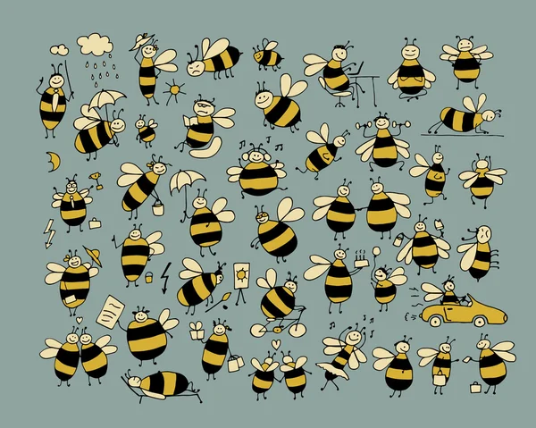 Collection d'abeilles drôle, croquis pour votre conception — Image vectorielle