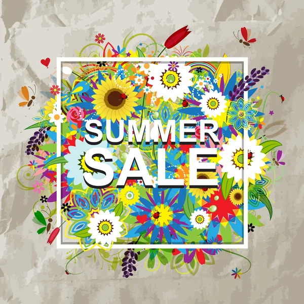 Summer sale design, floral frame on cardboard paper — Stock Vector