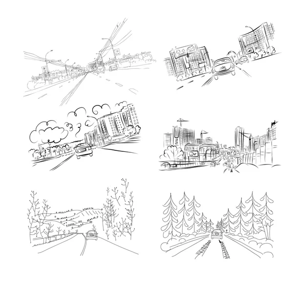 Coches en la carretera de la ciudad, conjunto de ilustraciones dibujadas a mano para su diseño — Vector de stock