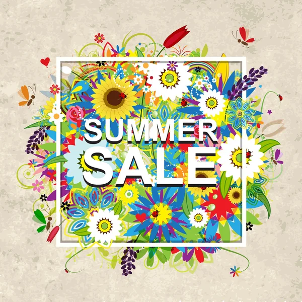 Summer sale design, floral frame on cardboard paper — Stock Vector