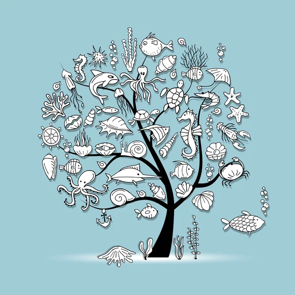 Vida marina, árbol conceptual para su diseño — Vector de stock