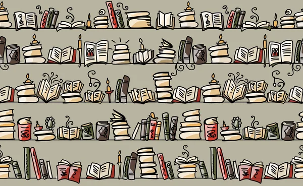 Patrón sin costuras con libros en estanterías, diseño de bocetos — Vector de stock