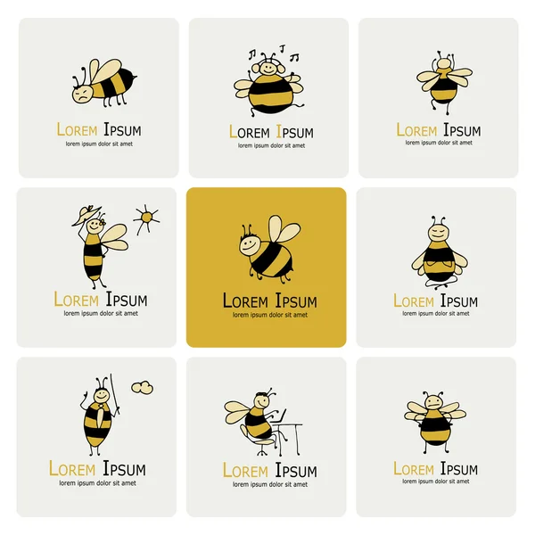 Funny bee collection, sketch for your design — Stock Vector