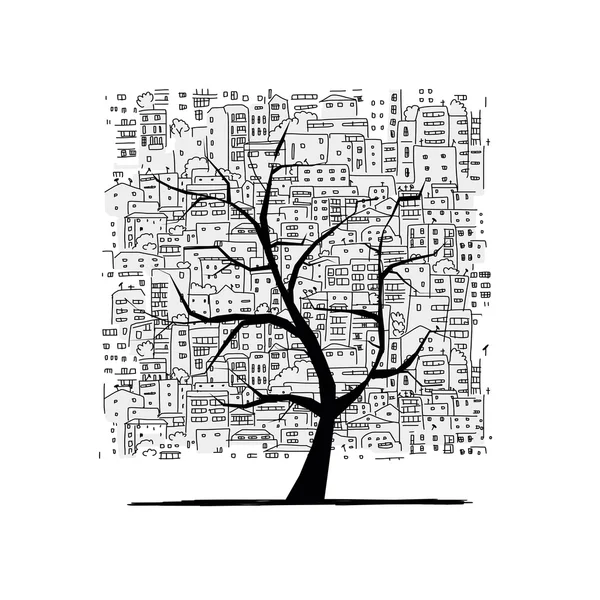 Ciudad en crecimiento, concepto de árbol. Boceto para su diseño — Vector de stock