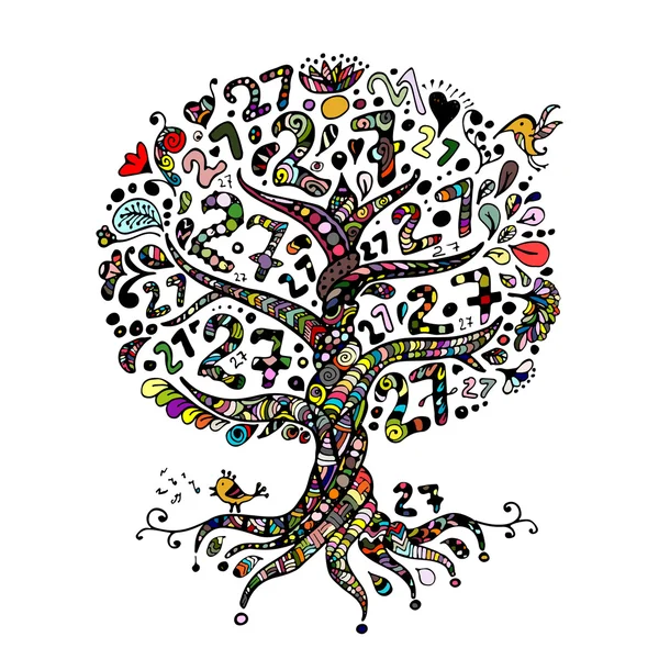 Δέντρο 27 με ρίζες, zentangle για το σχέδιό σας — Διανυσματικό Αρχείο