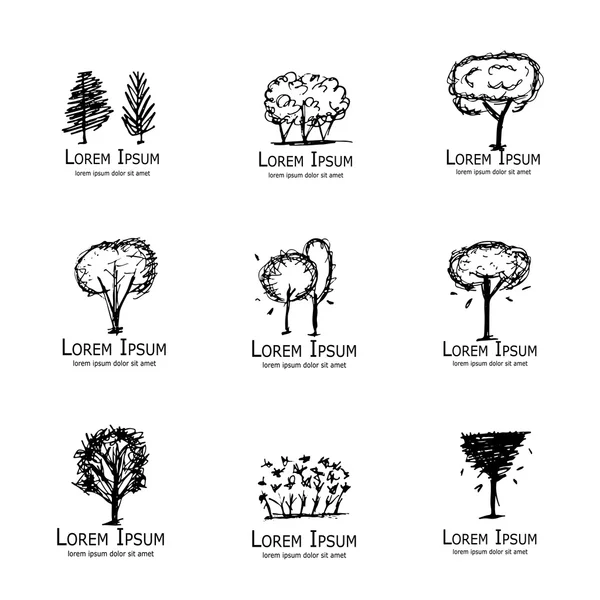 Trees collection, sketch for your design — Stock Vector