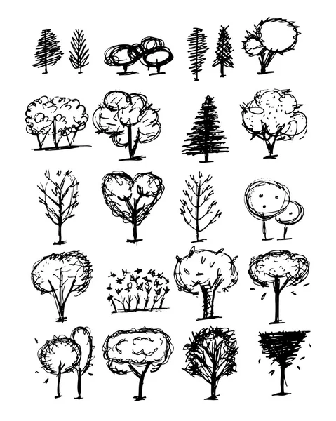 Collection d'arbres, croquis pour votre design — Image vectorielle