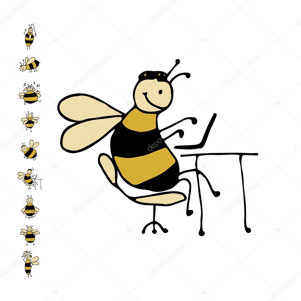 Funny office bee, sketch for your design. Vector illustration