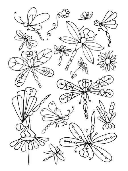 คอลเลกชันแมลงปอ, สเก็ตช์สําหรับการออกแบบของคุณ — ภาพเวกเตอร์สต็อก