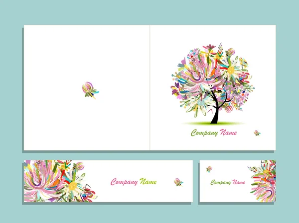 Colección de tarjetas de visita, diseño abstracto del árbol floral — Vector de stock