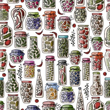 Turşu kavanozları, meyve ve sebzelerle kusursuz desen.