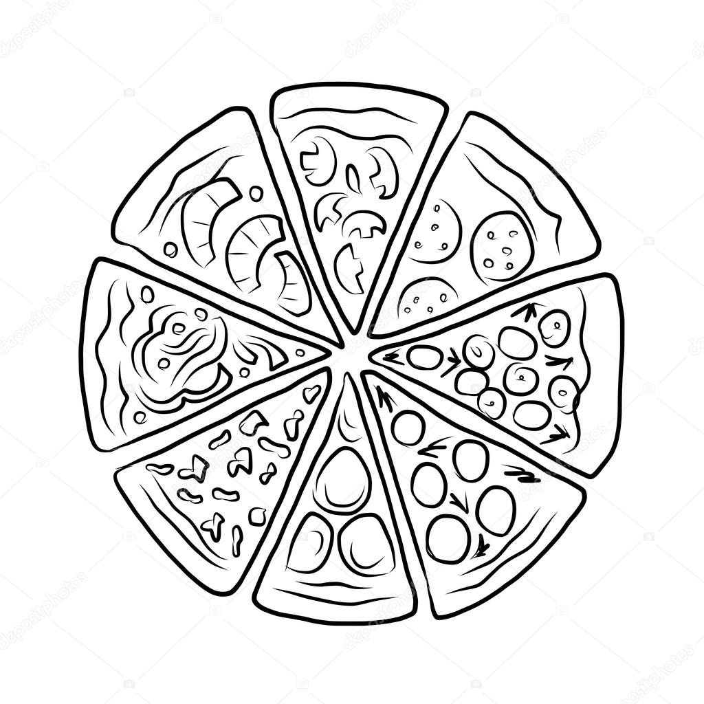 Pepperoni pizza isolated sketch of italian pizza thin slice, topped with  cheese, sausage, tomato, olive and mushroom. Pizzeria, fast food, pizza box  o Stock Vector Image & Art - Alamy