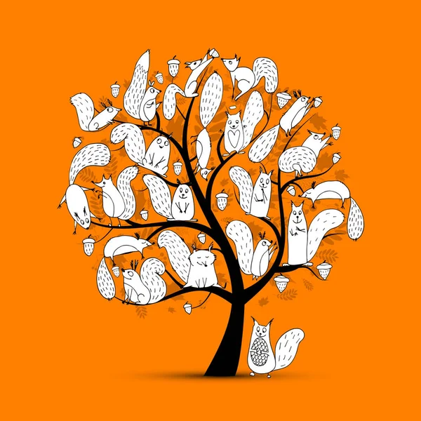 Funny squirrel family, art tree for your design — Stock Vector