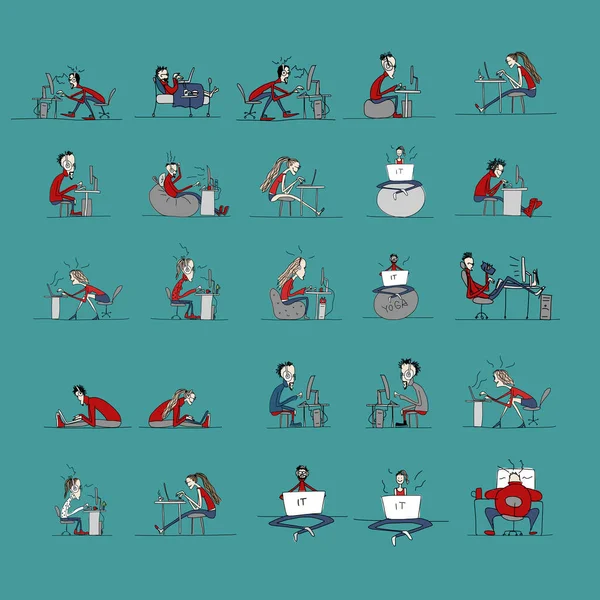 Programmeurs au travail, vie de bureau, croquis pour votre design — Image vectorielle