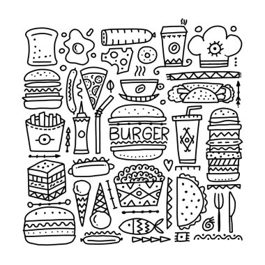 Fast food ikonları. Hamburger, pizza, sosis, atıştırmalık sandviç, dondurma. Tasarımınız için yemek menüsü arka planı