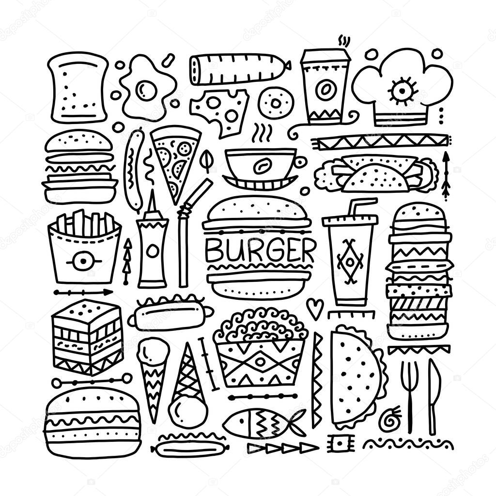 Fast food icons. Hamburger pizza sausages snacks sandwich ice cream. Food menu background for your design