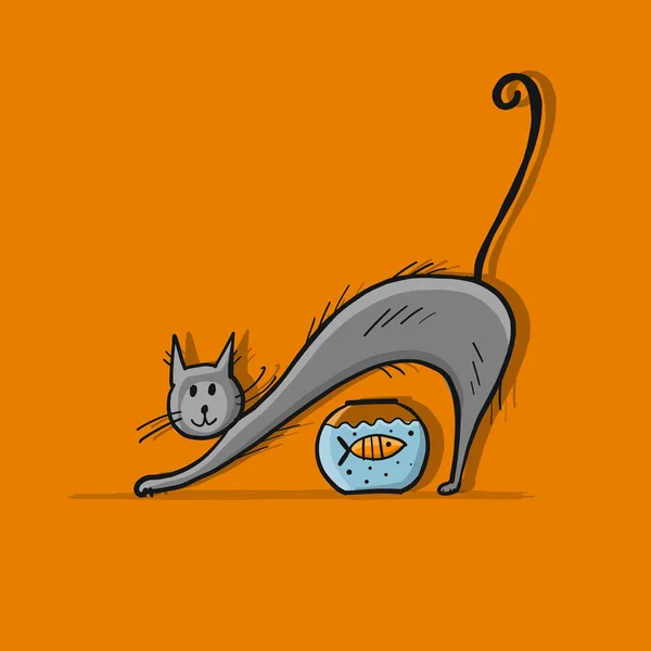 Personaje divertido gato con pescado, boceto para su diseño — Vector de stock