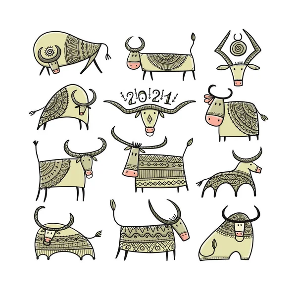 Grappige schets van een stierenverzameling. Maanhoroscoopteken. Gelukkig nieuwjaar 2021. Stier, os, koe. Sjabloon voor uw ontwerp - poster, kaart, uitnodiging — Stockvector