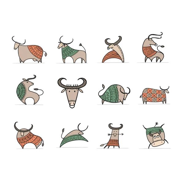 Divertida colección de bocetos de toro. Signo del horóscopo lunar. Feliz año nuevo 2021. Toro, buey, vaca. Plantilla para su diseño - cartel, tarjeta, invitación — Vector de stock
