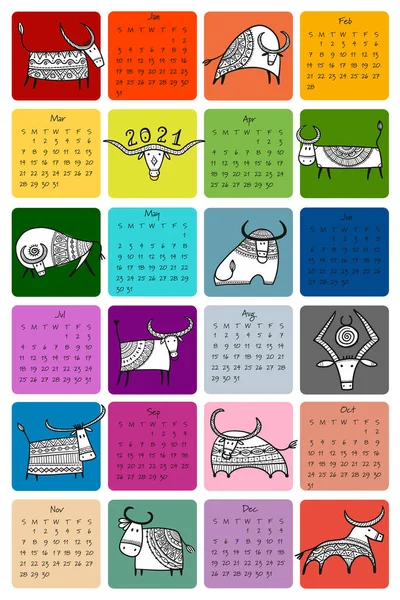 Funny bulls calendar design. Symbol of new year 2021. Bull, ox, cow — Stock Vector