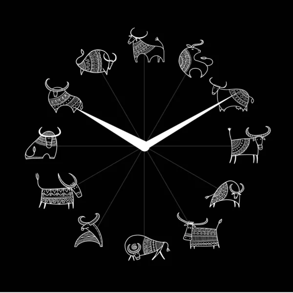 Año del toro. Diseño del reloj. Signo del horóscopo lunar. Feliz año nuevo 2021. Toro, buey, vaca. Plantilla para su diseño - cartel, tarjeta, invitación — Vector de stock