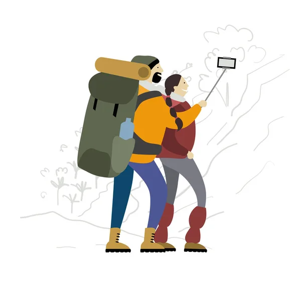 Pareja de excursionistas con mochilas toma selfie en las montañas — Archivo Imágenes Vectoriales