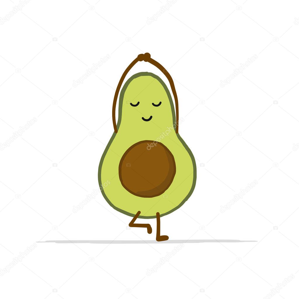 Funny Avocado cartoon character doing Yoga. Isolated on white. Vector illustration