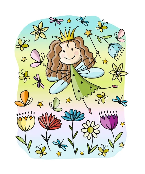 Сказочная девочка с бабочками в цветочном саду — стоковый вектор