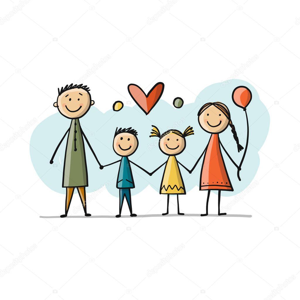 Happy family together, sketch for your design. Vector illustration