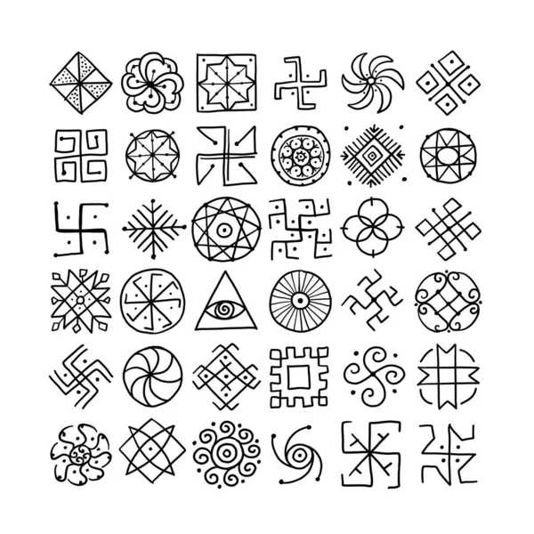 Geometría sagrada, conjunto de símbolos. Alquimia, religión, filosofía, espiritualidad. Bosquejo dibujado a mano para su diseño — Archivo Imágenes Vectoriales